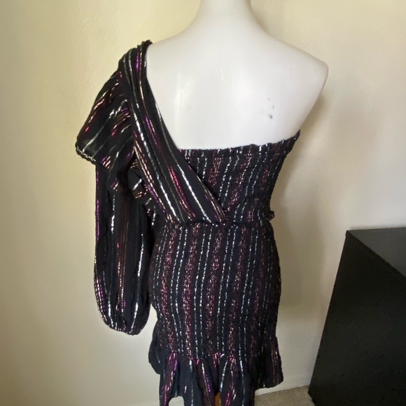 Farm Rio Women’s Lurex Stripes Mini Dress Black Size S Smocked One Sleeve Mini - Picture 5 of 11